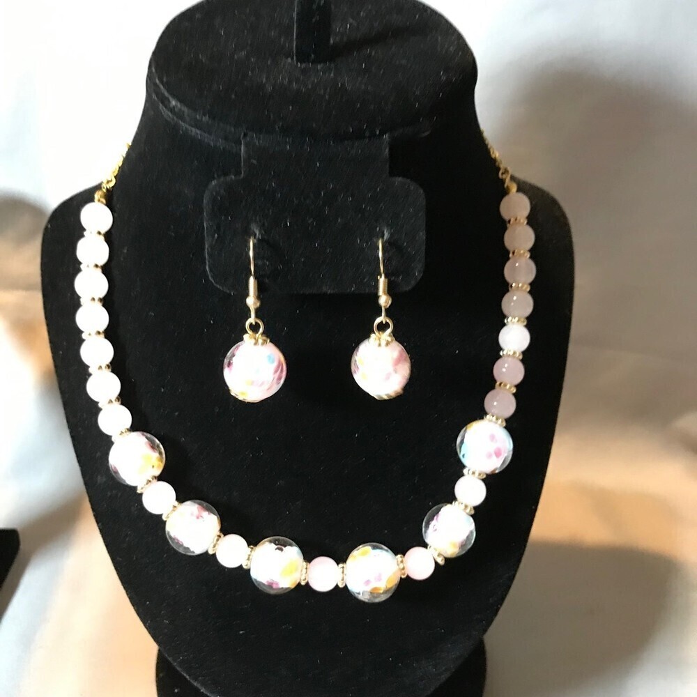 White Confetti Bead Necklace and Earrings Set
